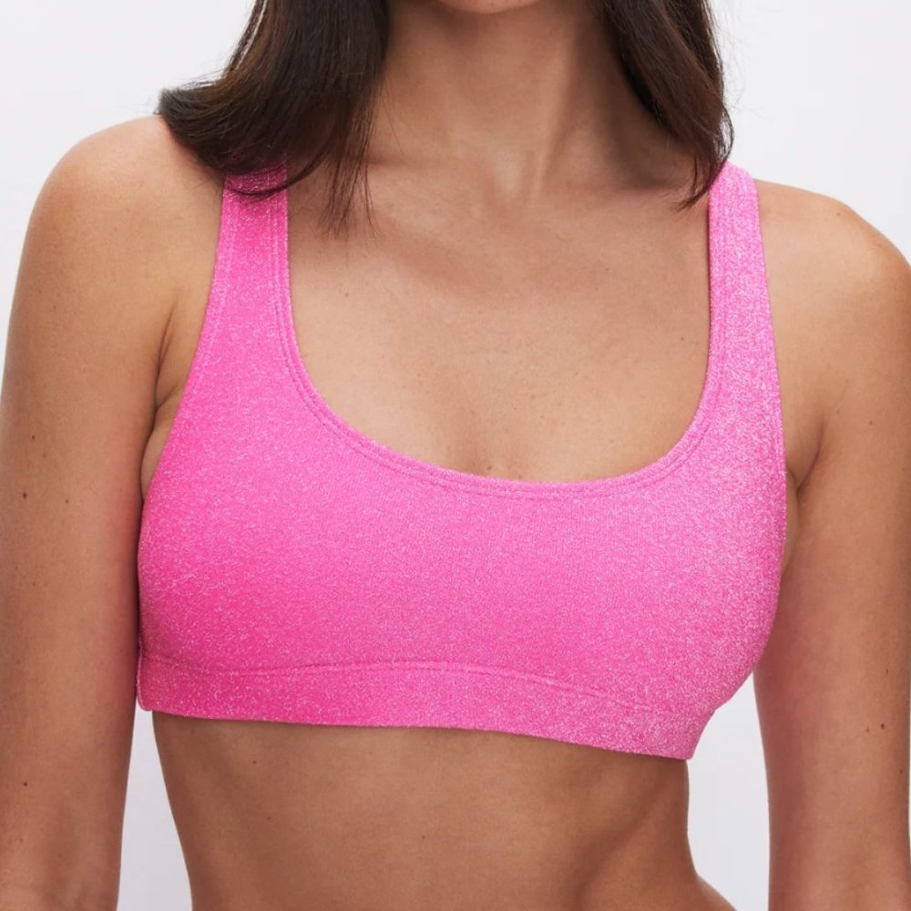 Good American Sparkle Scoop Bikini Top, Knockout Pink, size S (GA sz 1)